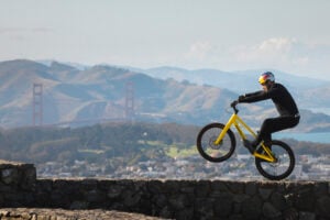 Homepage 29 Legendary stunt cyclist Danny MacAskill wheelies on a wall in California.