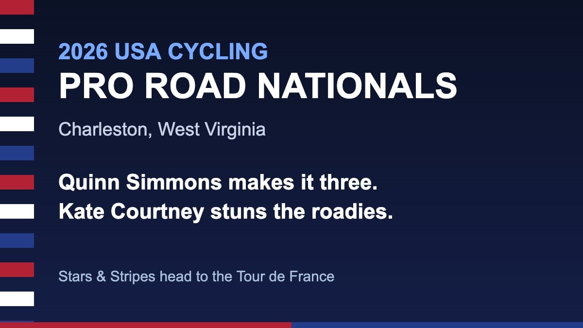 Homepage 11 2026 USA Cycling Pro Road National Championships graphic, Charleston West Virginia, Quinn Simmons and Kate Courtney crowned