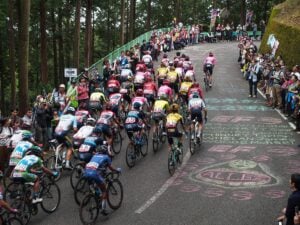 Homepage 15 A professional road cycling peloton racing during a mountain stage, illustrating Vuelta a Espana 2026 Stage 14